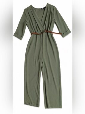 NWOT ZARA Olive Green long Jumpsuit with Brown Belt